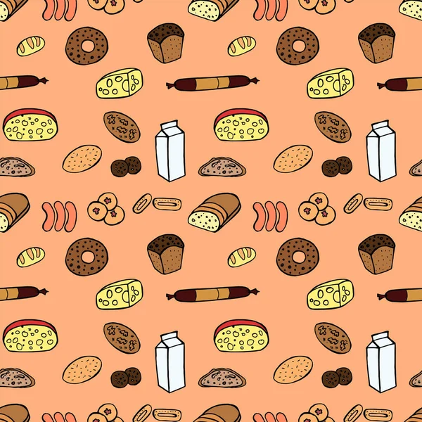 Groceries seamless pattern. Vector hand drawn doodle color illustration.