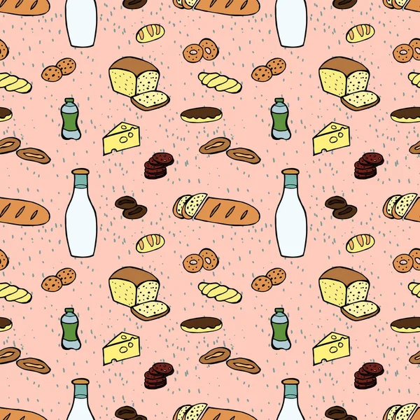 Groceries seamless pattern. Vector hand drawn doodle color illustration.