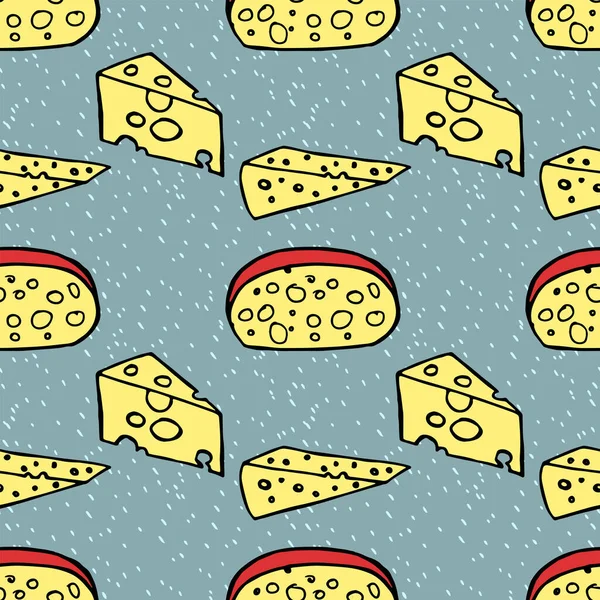 Cheese Seamless Pattern Hand Drawn Color Doodle Vector Illustration — Stock Vector