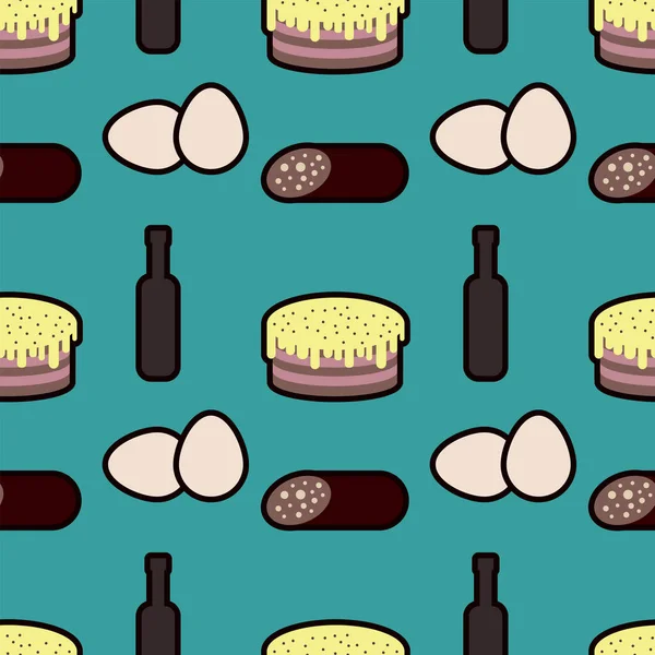 Groceries seamless pattern on a turquoise background. Vector illustration.
