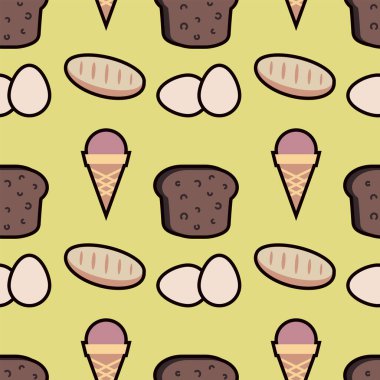 Sarı arka planda bakkaliye desenleri var. Vektör illüstrasyonu.