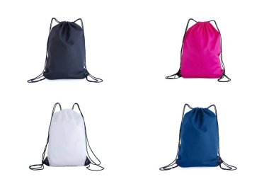 Set of drawstring packs template, bag for sport shoes isolated on white classic blue, pink, white and black color. clipart