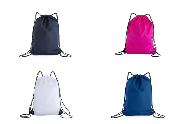 Conjunto de modelos de pacotes de cordão, saco para sapatos esportivos isolados na cor branca clássica azul, rosa, branca e preta . — Fotografia de Stock