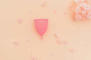 Turuncu arka planda ortanca çiçekli regl bardağı..