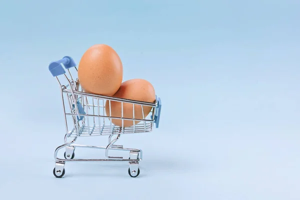 Shopping toy trolley with brown eggs on pastel blue background, minimal concept. — 스톡 사진