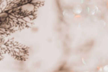 Gri botanik gölgeleri, bej duvar arka planında altın bokeh ile. Soyut arkaplan.