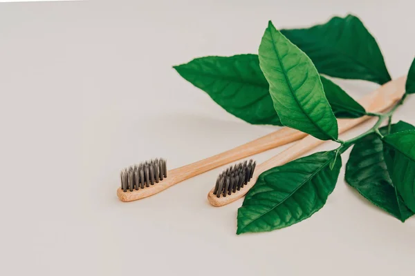 Natürliche Bambuszahnbürsten Und Frische Blätter Auf Blassem Hintergrund Null Abfall — Stockfoto