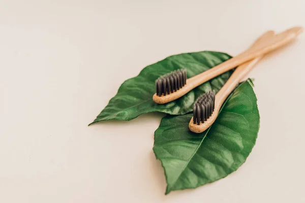 Cepillos Dientes Naturales Bambú Hojas Frescas Sobre Fondo Pálido Cero — Foto de Stock