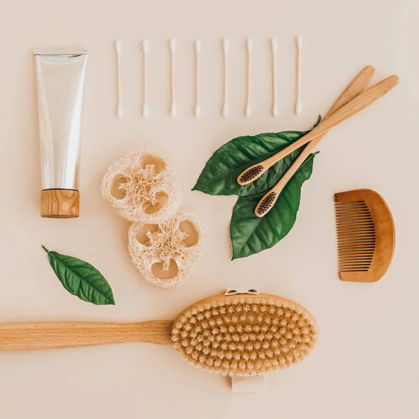 Bambus Zahnbürste Zahnpasta Natürliche Bürste Self Care Kosmetikprodukte Und Weiße — Stockfoto