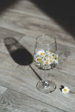 Papatya çiçekli ve sert gölgeli şarap kadehi. Asgari biçim.