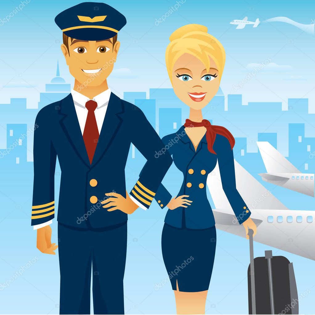 Cartoon flight team with pilot and flight attendant in uniforms — Stock