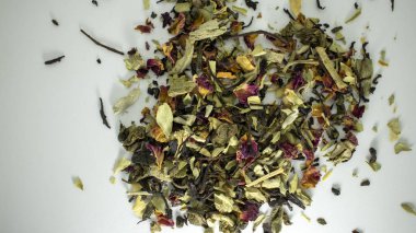 Dried herbs on a white background. Tea leaves. healing herbs. Dried flowers.