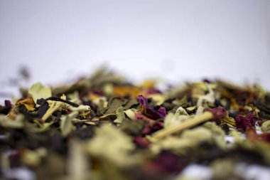 Dried herbs on a white background. Tea leaves. healing herbs. Dried flowers.