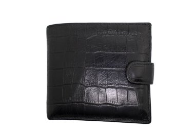 Black leather wallet isolated on a white background, top view.
