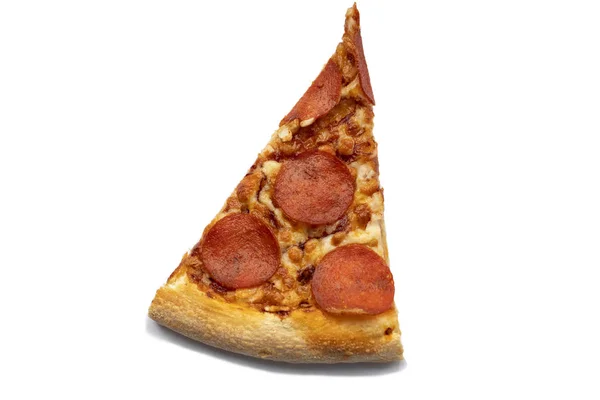 Cut a slice of pizza isolated on a white background. Pepperoni top view.