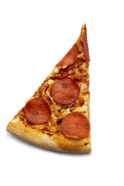 Cut a slice of pizza isolated on a white background. Pepperoni top view.