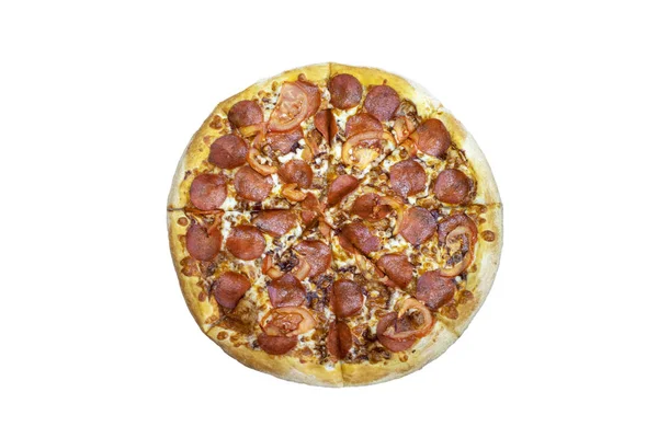 El pepperoni en rodajas finas es una pizza popular. Aislamiento de pizza, vista superior . — Foto de Stock