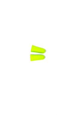 Green ear plugs close-up on a white background. Noise reduction, hearing protection.