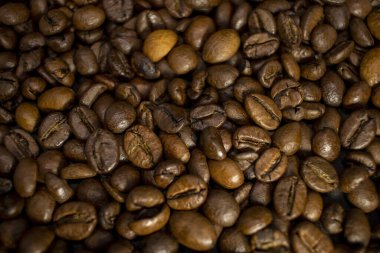 Dark background and texture of coffee beans, selective focus, closeup grains.