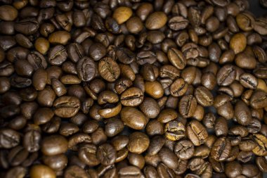 Dark background and texture of coffee beans, selective focus, closeup grains.