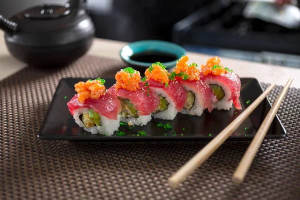 sushi rolls set in Japanese restaurant