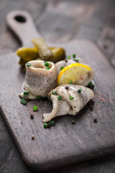 Classic Marinated Herring Rolls Chives Lemon — Stock Photo, Image