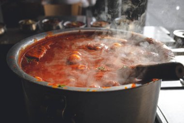 Bir tencere dolusu Hint yemeği hazırlanıyor.