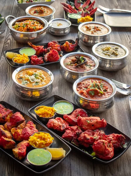 Various Indian Dishes Wooden Table — Stock Photo, Image