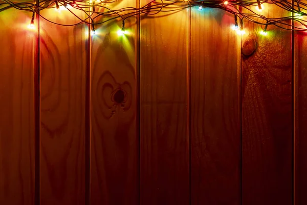 Χριστουγεννιάτικο Ξύλινο Πίνακα Φόντο Γιρλάντες Καραμέλες Κορυφή — Φωτογραφία Αρχείου