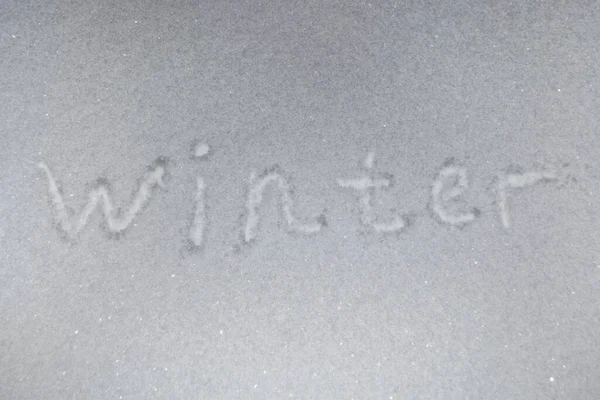 Text Winter auf weißem Schnee Wintertag — Stockfoto