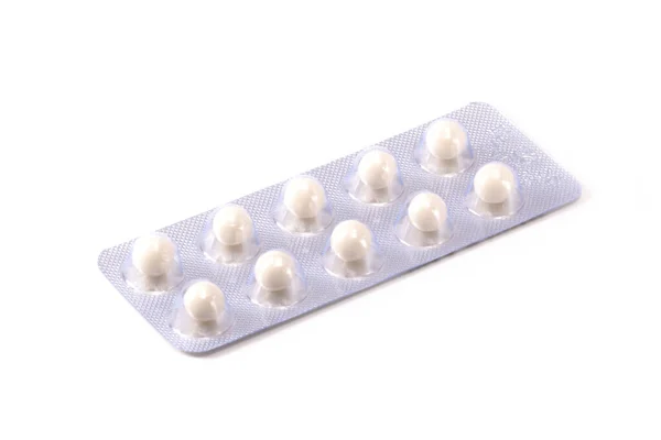 Comprimidos Bolas Brancas Blister Isolado — Fotografia de Stock