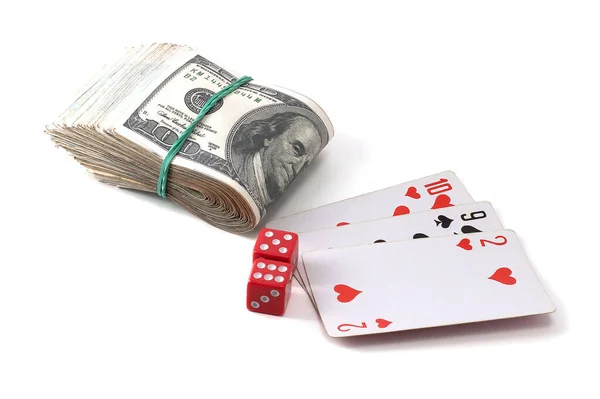 Χρήματα Που Παίζουν Ζάρια Χαρτιά Λευκό Φόντο — Φωτογραφία Αρχείου