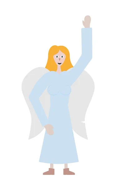 Ángel en vestido azul claro con alas blancas — Vector de stock