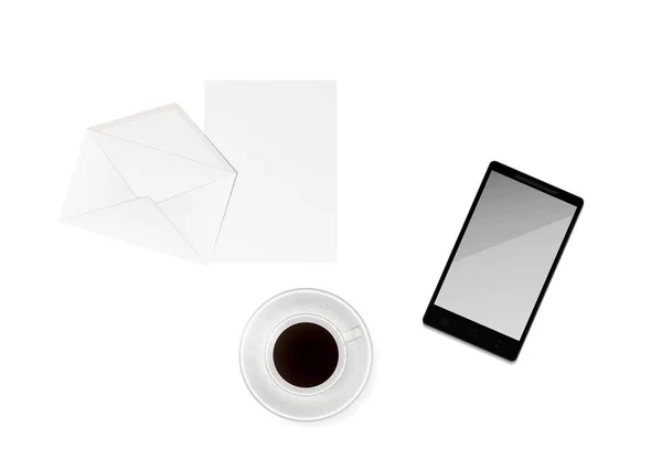 Tasse de café avec papier, enveloppe et téléphone — Image vectorielle