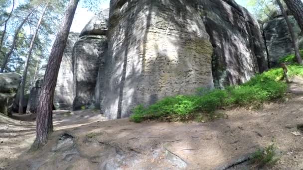 輝く太陽と青空の森林で大規模な砂岩の岩します。. — ストック動画