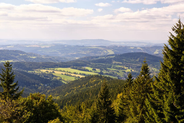 View to the valley in National Park Krkonose near Rokytnice nad Jizerou. Park lies in the northeast of Bohemia in the Hradec Kralove and Liberec regions. Czech Republic. Central Europe.
