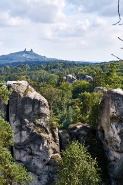 Manzara kumtaşı kayalar ve korumalı alan bohem Paradise (Cesky Raj), Liberec Region, Çek Cumhuriyeti, Europe Hruba Skala Rönesans castle civarındaki harabe kale Trosky görünümünü