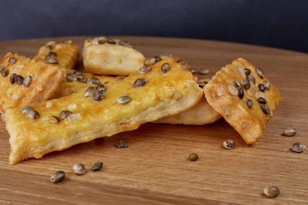 Baked Puffy Cheese Sticks Cannabis Seeds Salt — Stock Photo, Image