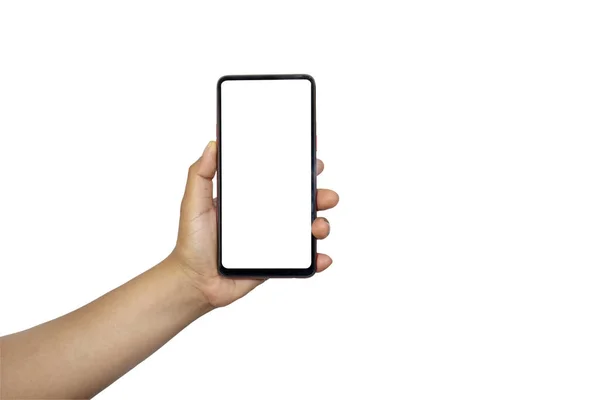 Die Hand Hält Den Weißen Bildschirm Das Handy Ist Isoliert — Stockfoto