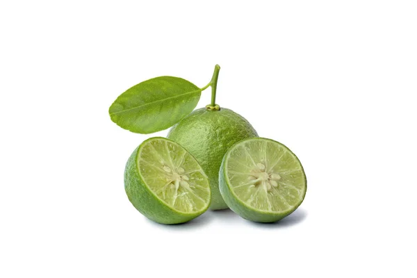 Green Lemons Lemon Slices Halves White Background Clipping Path — Stock Photo, Image