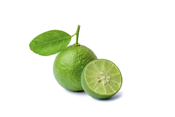 Green Lemons Lemon Slices Halves White Background Clipping Path — Stock Photo, Image