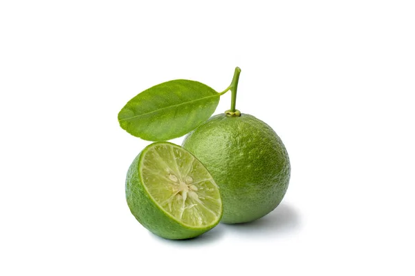 Green Lemons Lemon Slices Halves White Background Clipping Path — Stock Photo, Image