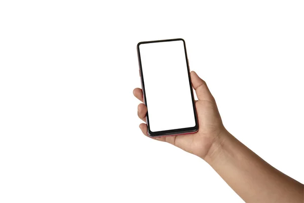 Die Hand Hält Den Weißen Bildschirm Das Handy Ist Isoliert — Stockfoto