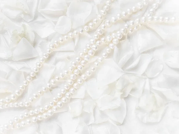 Collar de perlas sobre fondo de pétalos de rosa blanca. Ideal para g — Foto de Stock