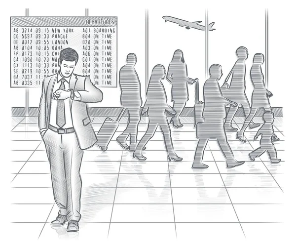 Podnikatel v letištní terminál stojí a dívá na hodinky — Stockový vektor