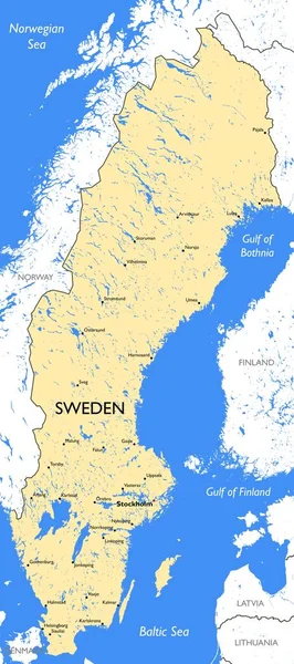 スウェーデン地図 スウェーデンの詳細なカラー地図をベクトルします — ストックベクタ