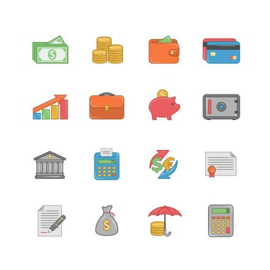 Para renk simge seti | Beyaz Finans düz simgeler vektör