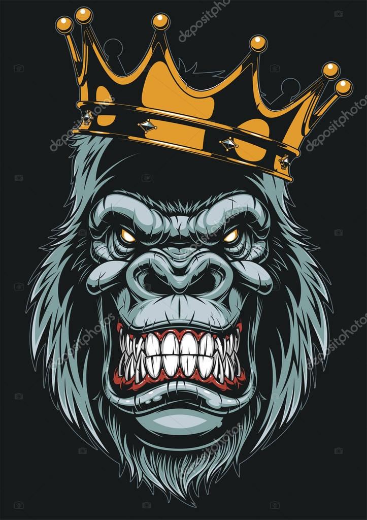 Vector illustration, ferocious gorilla head on with crown, on white background