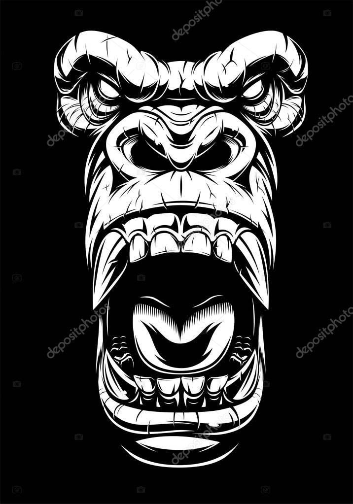 Vector illustration, ferocious gorilla head, on black background, stencil