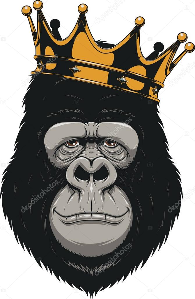 Vector illustration, Funny gorilla head on with crown,King of monkeys, on white background